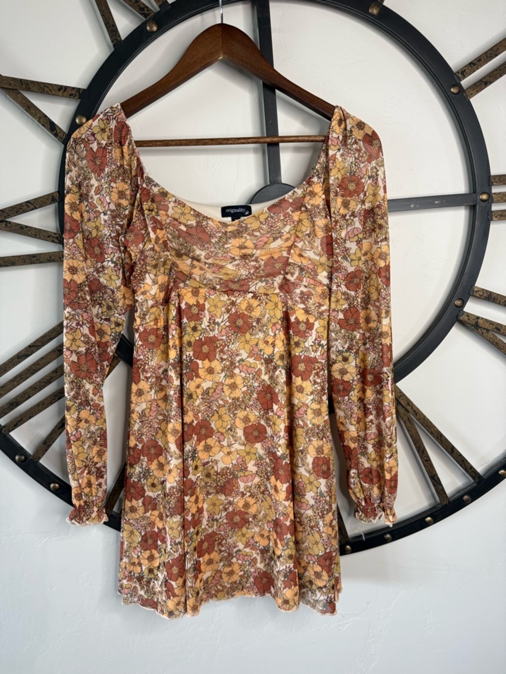 Square Neck Long Sheer Sleeve Floral Dress in Rust Multi